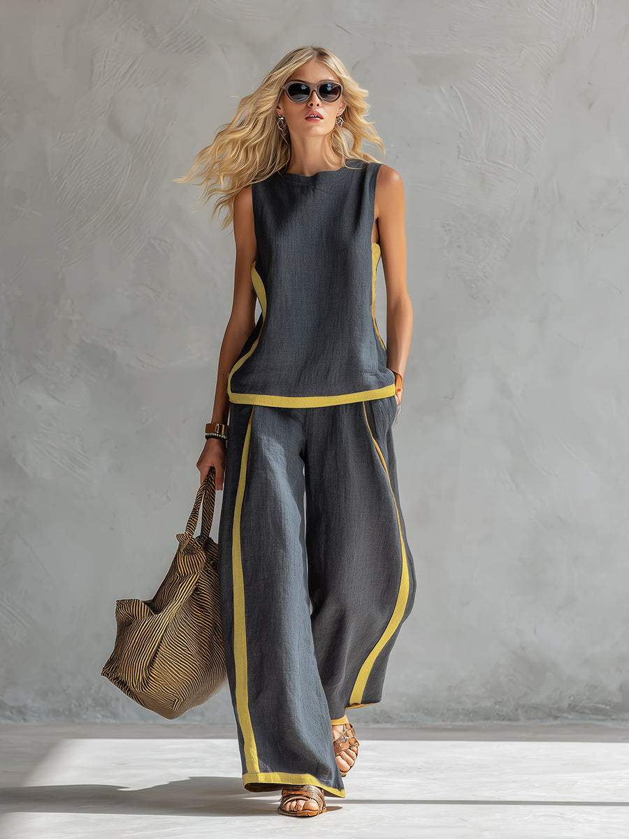 Lieve - Casual Linnen Set Dames met Contrastbies en Wijde Broek