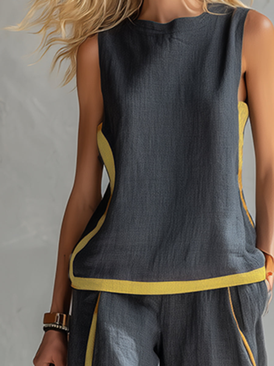 Lieve - Casual Linnen Set Dames met Contrastbies en Wijde Broek