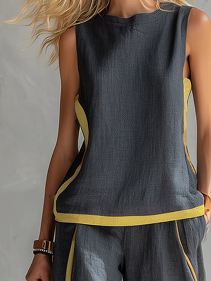 Lieve - Casual Linnen Set Dames met Contrastbies en Wijde Broek