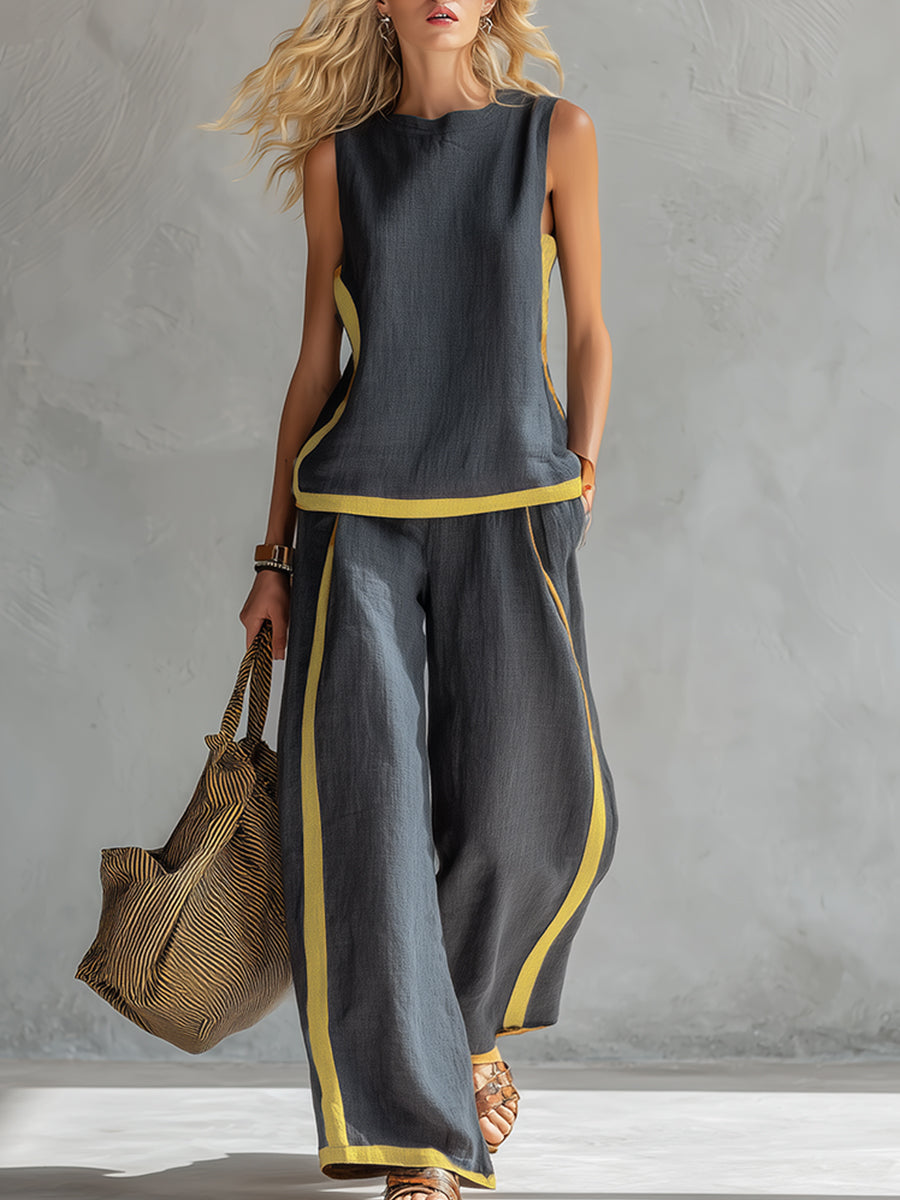 Lieve - Casual Linnen Set Dames met Contrastbies en Wijde Broek