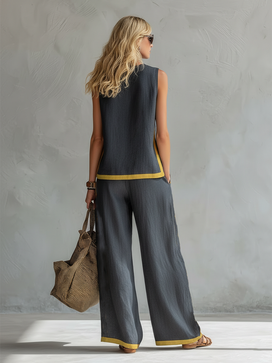 Lieve - Casual Linnen Set Dames met Contrastbies en Wijde Broek