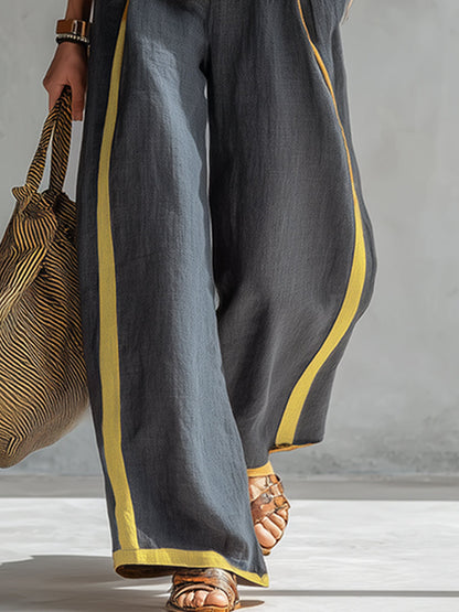 Lieve - Casual Linnen Set Dames met Contrastbies en Wijde Broek