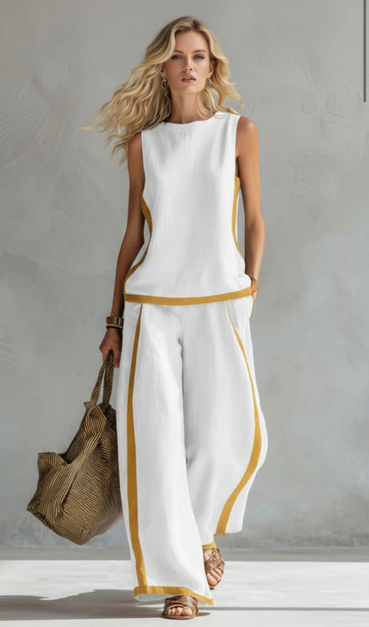 Lieve - Casual Linnen Set Dames met Contrastbies en Wijde Broek
