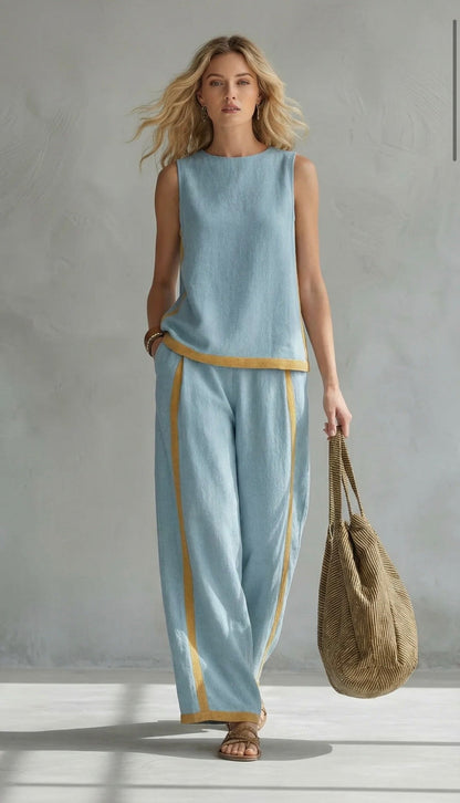 Lieve - Casual Linnen Set Dames met Contrastbies en Wijde Broek