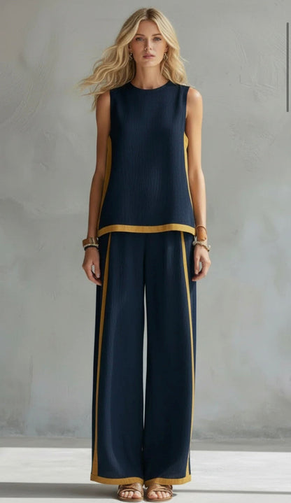 Lieve - Casual Linnen Set Dames met Contrastbies en Wijde Broek