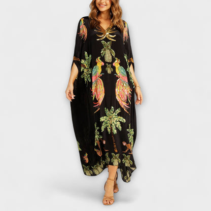 Loes - Boho Zomerjurk Dames Maxi met Tropische Print en Vlindermouwen