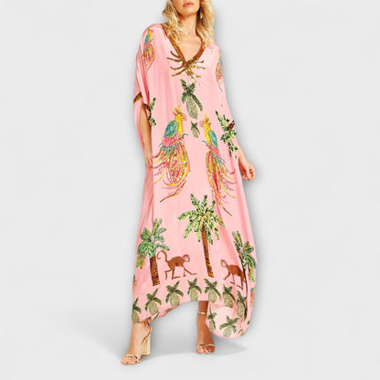 Loes - Boho Zomerjurk Dames Maxi met Tropische Print en Vlindermouwen