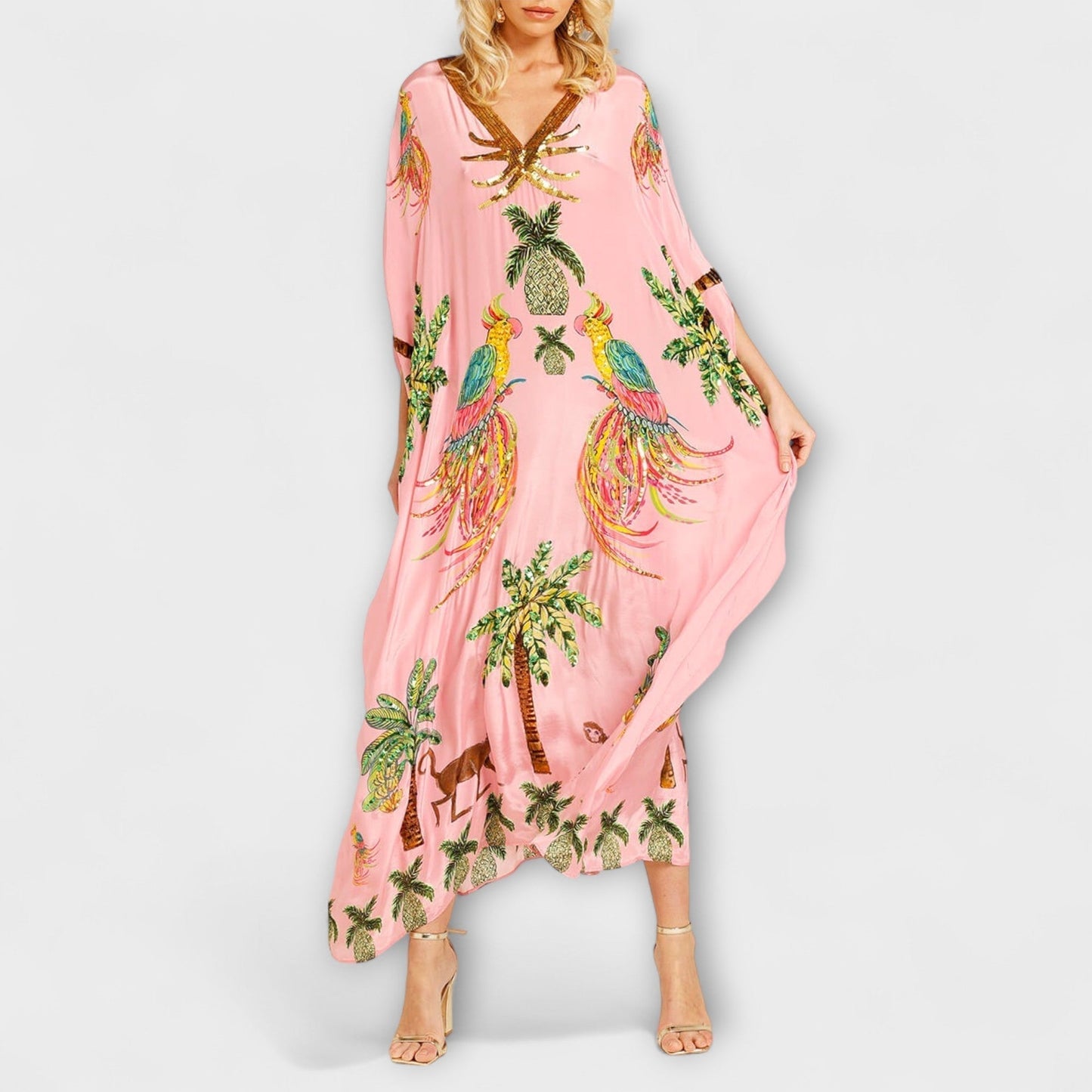 Loes - Boho Zomerjurk Dames Maxi met Tropische Print en Vlindermouwen