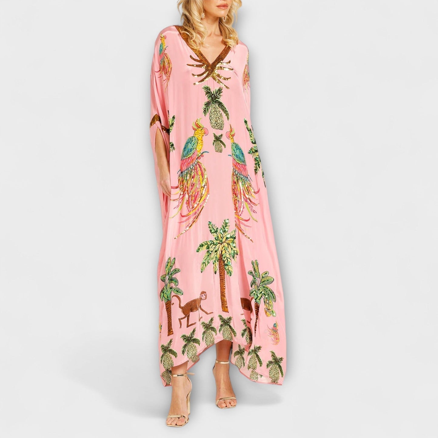 Loes - Boho Zomerjurk Dames Maxi met Tropische Print en Vlindermouwen