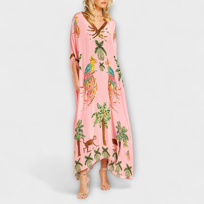 Loes - Boho Zomerjurk Dames Maxi met Tropische Print en Vlindermouwen
