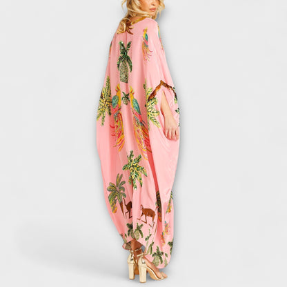 Loes - Boho Zomerjurk Dames Maxi met Tropische Print en Vlindermouwen