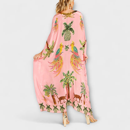 Loes - Boho Zomerjurk Dames Maxi met Tropische Print en Vlindermouwen