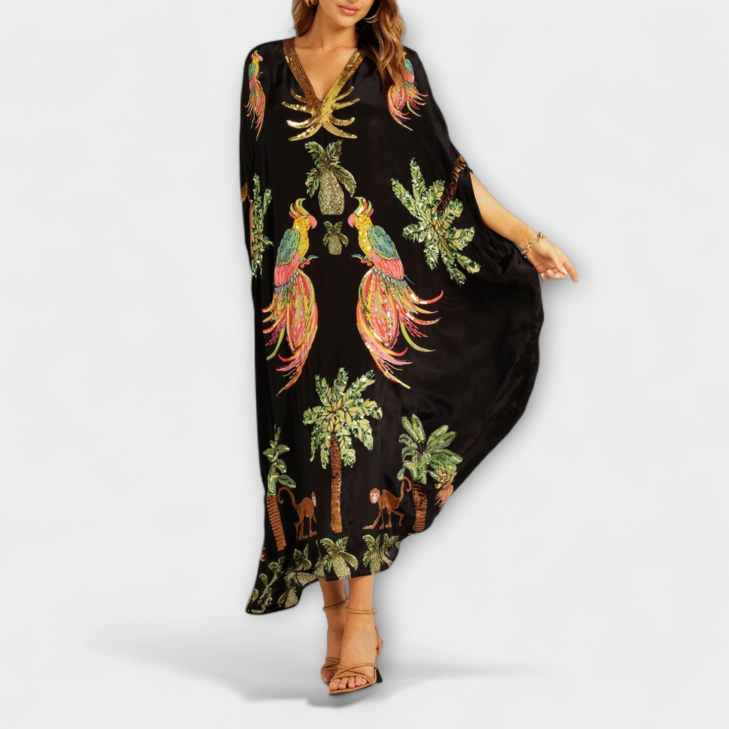 Loes - Boho Zomerjurk Dames Maxi met Tropische Print en Vlindermouwen