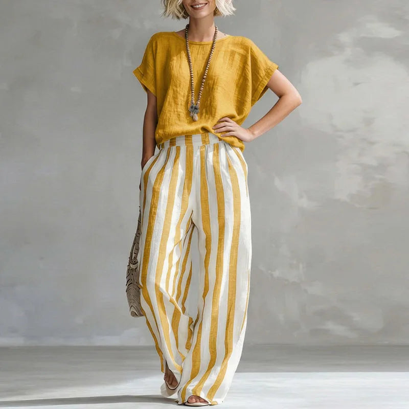 Lotte - Casual Linnen Dames Set met Gestreepte Palazzo Broek en Loose Top