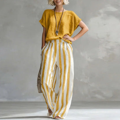 Lotte - Casual Linnen Dames Set met Gestreepte Palazzo Broek en Loose Top