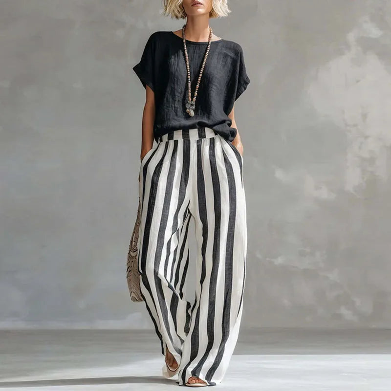 Lotte - Casual Linnen Dames Set met Gestreepte Palazzo Broek en Loose Top