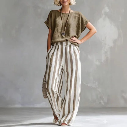 Lotte - Casual Linnen Dames Set met Gestreepte Palazzo Broek en Loose Top