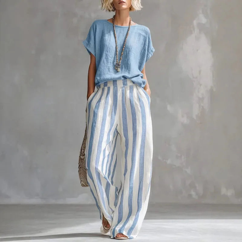 Lotte - Casual Linnen Dames Set met Gestreepte Palazzo Broek en Loose Top