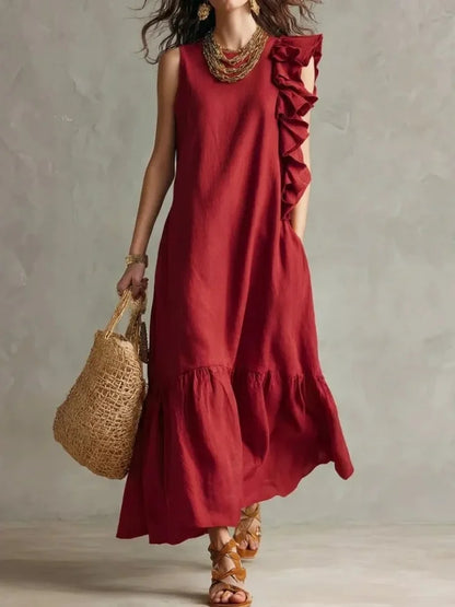 Lotte - Casual Maxi Jurk Dames met Ruche Schouderdetail en Gestikte Zoom