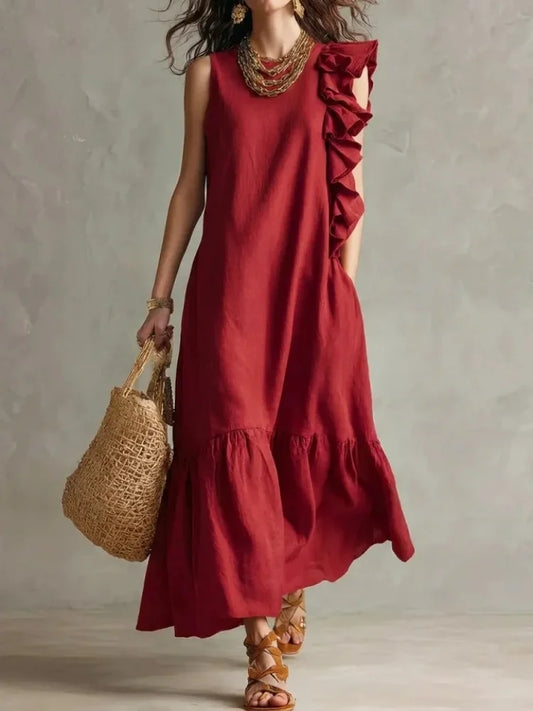 Lotte - Casual Maxi Jurk Dames met Ruche Schouderdetail en Gestikte Zoom