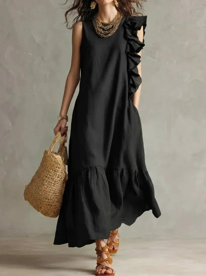 Lotte - Casual Maxi Jurk Dames met Ruche Schouderdetail en Gestikte Zoom