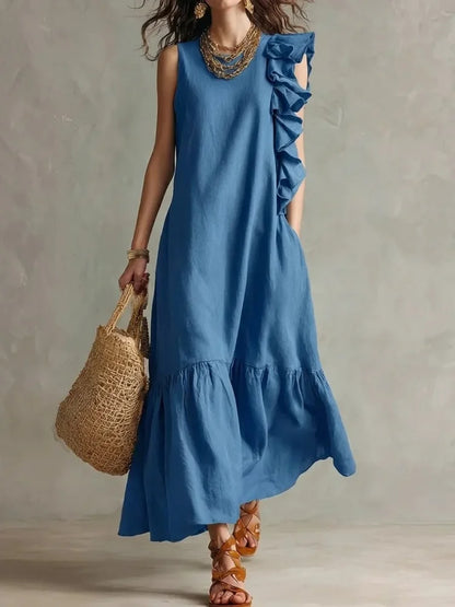 Lotte - Casual Maxi Jurk Dames met Ruche Schouderdetail en Gestikte Zoom