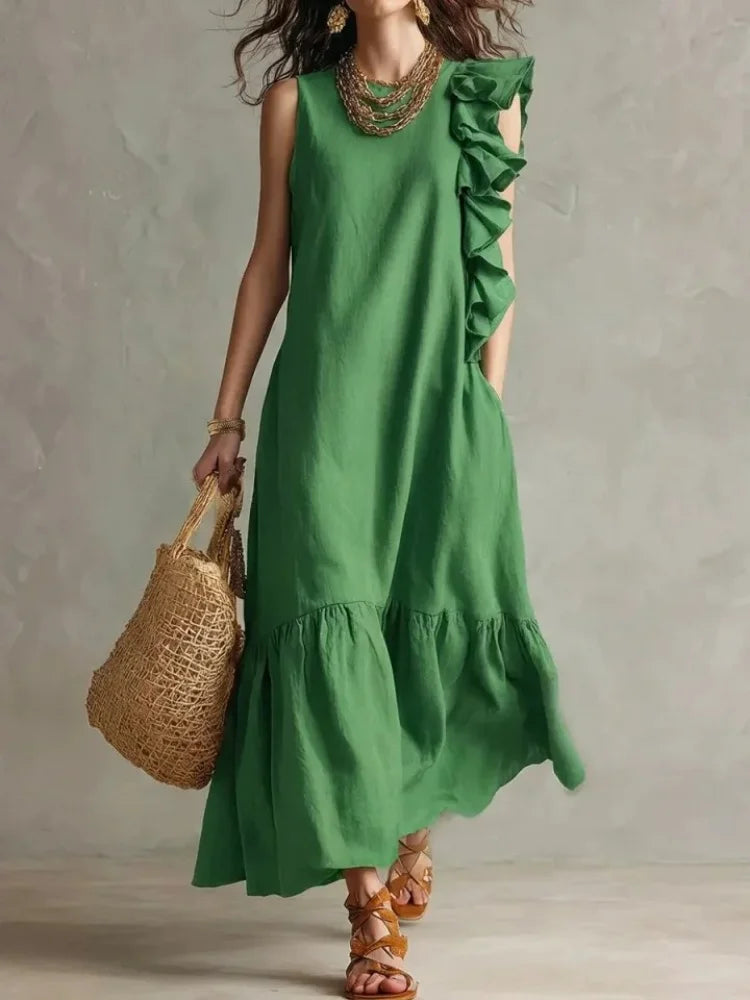 Lotte - Casual Maxi Jurk Dames met Ruche Schouderdetail en Gestikte Zoom