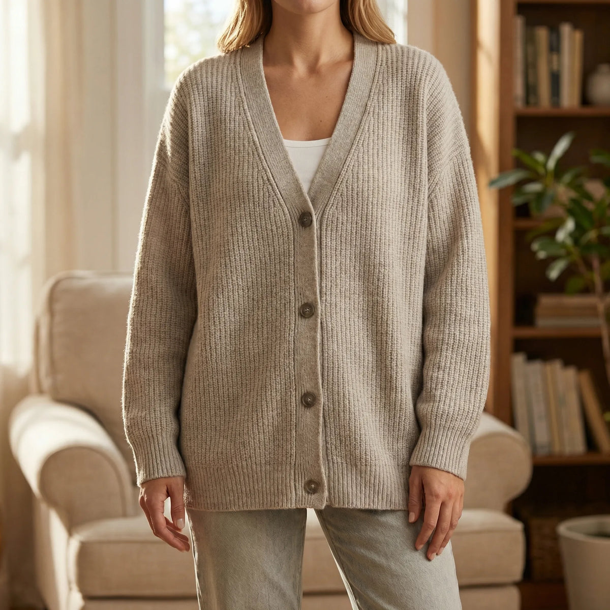 Lotte - Dames Gebreid Vest Warm met Ribstructuur en V-hals met Knopen
