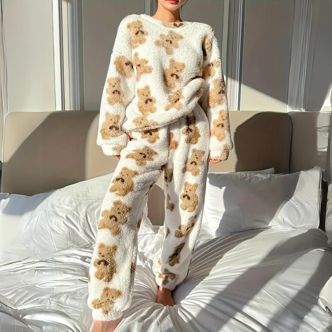 Lotte - Dames Pyjama Set Fluffy met Bijpassende Broek en Teddybeer Print