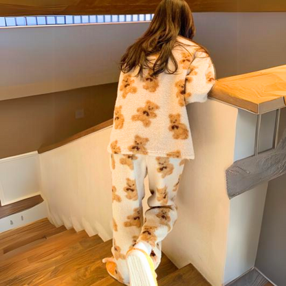 Lotte - Dames Pyjama Set Fluffy met Bijpassende Broek en Teddybeer Print