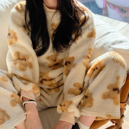 Lotte - Dames Pyjama Set Fluffy met Bijpassende Broek en Teddybeer Print