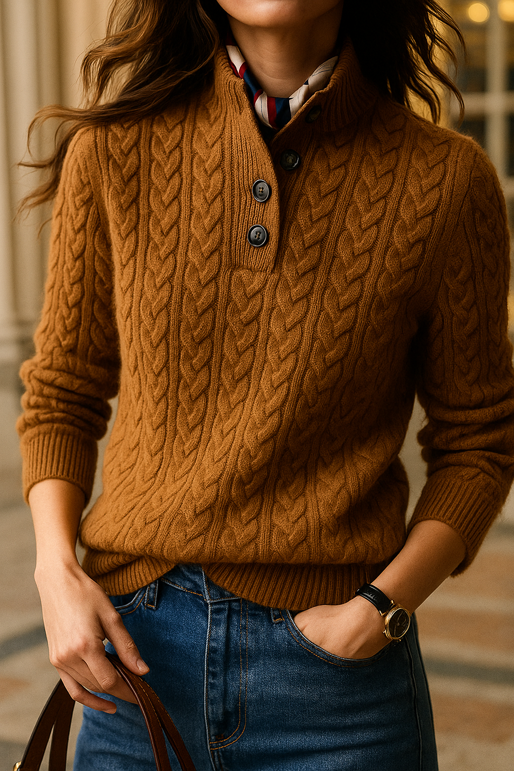 Lotte - Dames Trui Gebreid in Nette Stijl met Kabelpatroon en Knoopsluiting