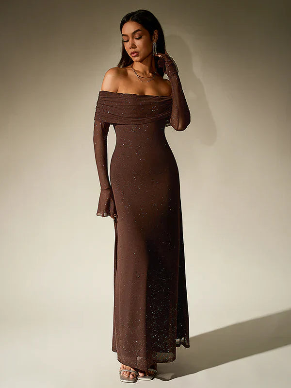 Lotte - Elegante Bruiloft Gastenjurk Dames met Off-Shoulder Hals en Lange Mouwen