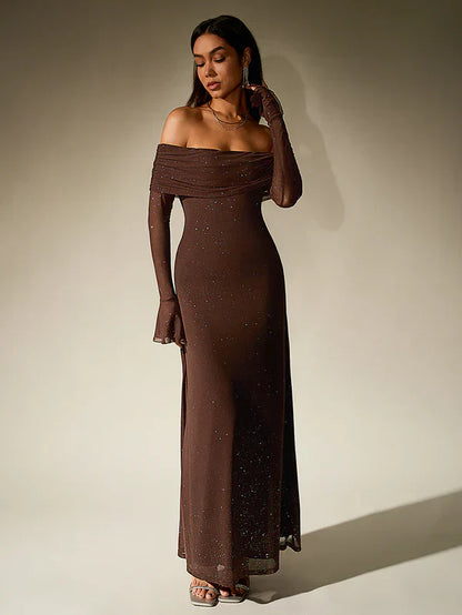 Lotte - Elegante Bruiloft Gastenjurk Dames met Off-Shoulder Hals en Lange Mouwen