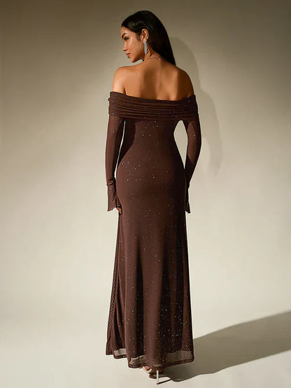 Lotte - Elegante Bruiloft Gastenjurk Dames met Off-Shoulder Hals en Lange Mouwen