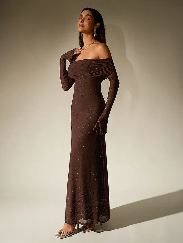 Lotte - Elegante Bruiloft Gastenjurk Dames met Off-Shoulder Hals en Lange Mouwen