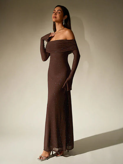 Lotte - Elegante Bruiloft Gastenjurk Dames met Off-Shoulder Hals en Lange Mouwen