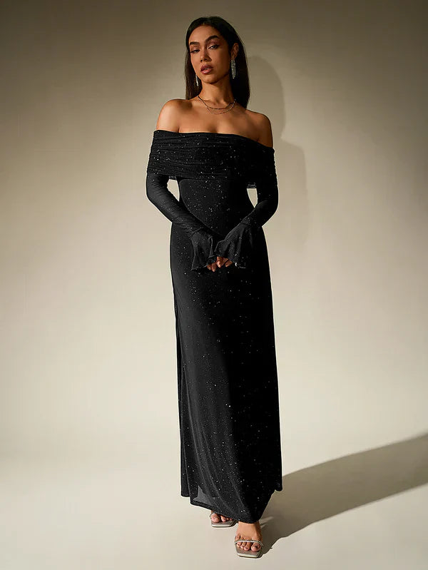 Lotte - Elegante Bruiloft Gastenjurk Dames met Off-Shoulder Hals en Lange Mouwen