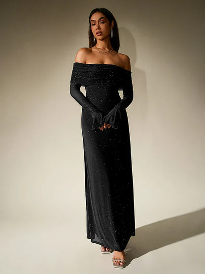 Lotte - Elegante Bruiloft Gastenjurk Dames met Off-Shoulder Hals en Lange Mouwen