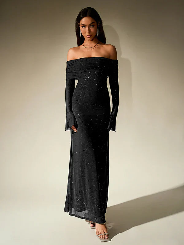 Lotte - Elegante Bruiloft Gastenjurk Dames met Off-Shoulder Hals en Lange Mouwen