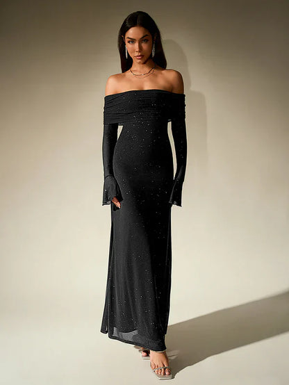 Lotte - Elegante Bruiloft Gastenjurk Dames met Off-Shoulder Hals en Lange Mouwen