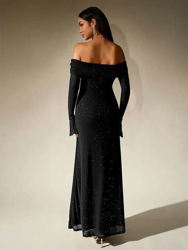 Lotte - Elegante Bruiloft Gastenjurk Dames met Off-Shoulder Hals en Lange Mouwen