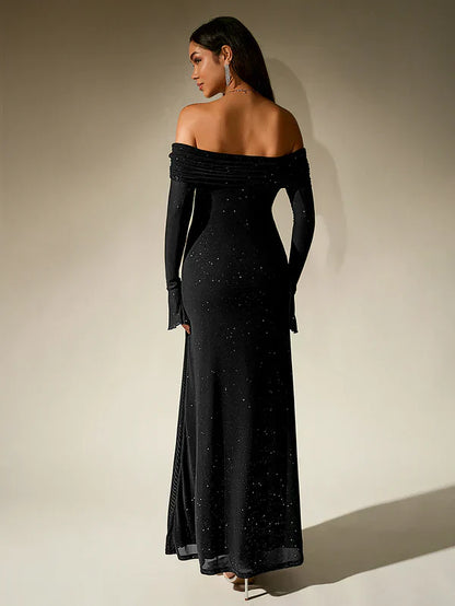 Lotte - Elegante Bruiloft Gastenjurk Dames met Off-Shoulder Hals en Lange Mouwen