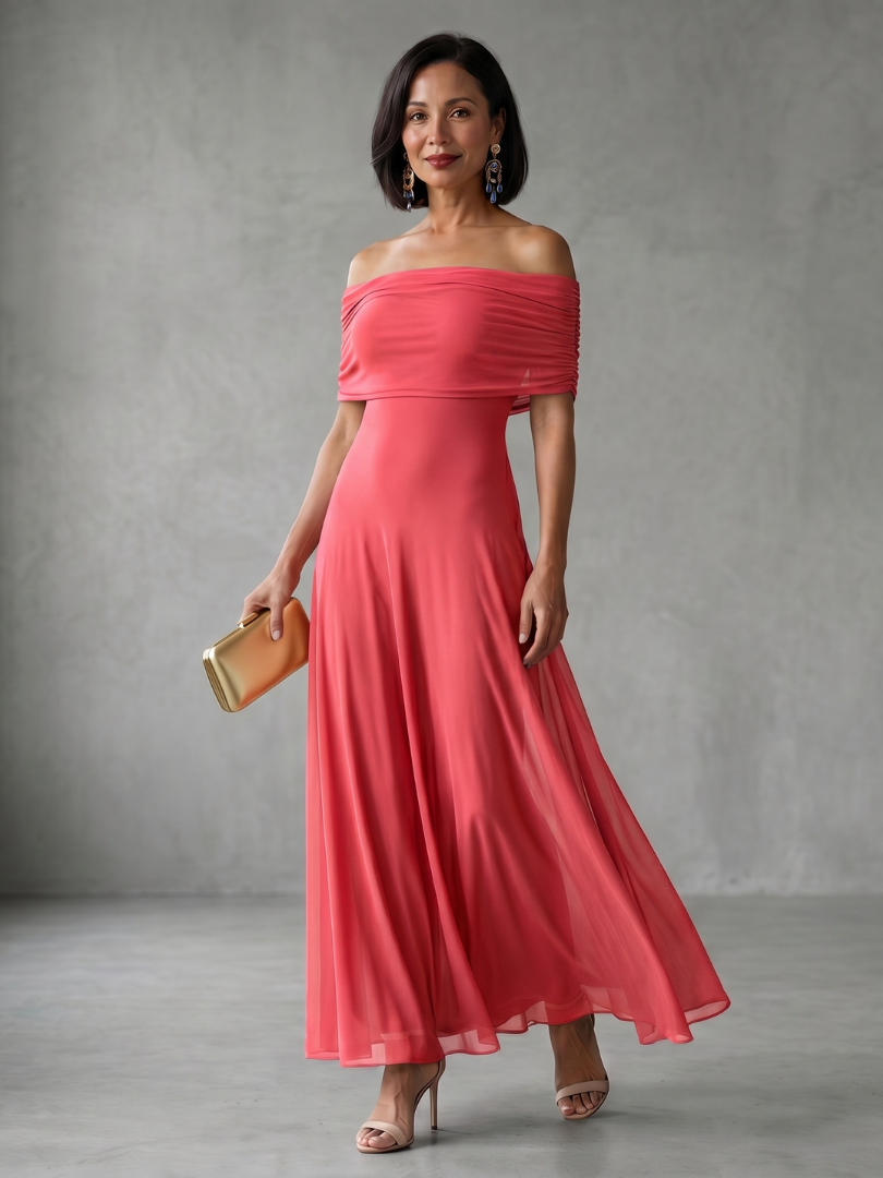 Lotte - Romantische Bruiloft Gast Jurk Dames met Off-Shoulder Hals en Sierlijke Maxi Rok