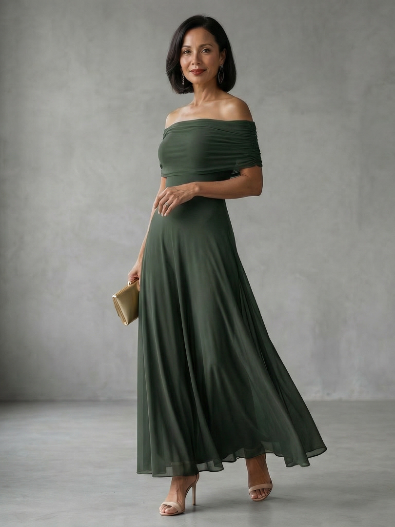 Lotte - Romantische Bruiloft Gast Jurk Dames met Off-Shoulder Hals en Sierlijke Maxi Rok