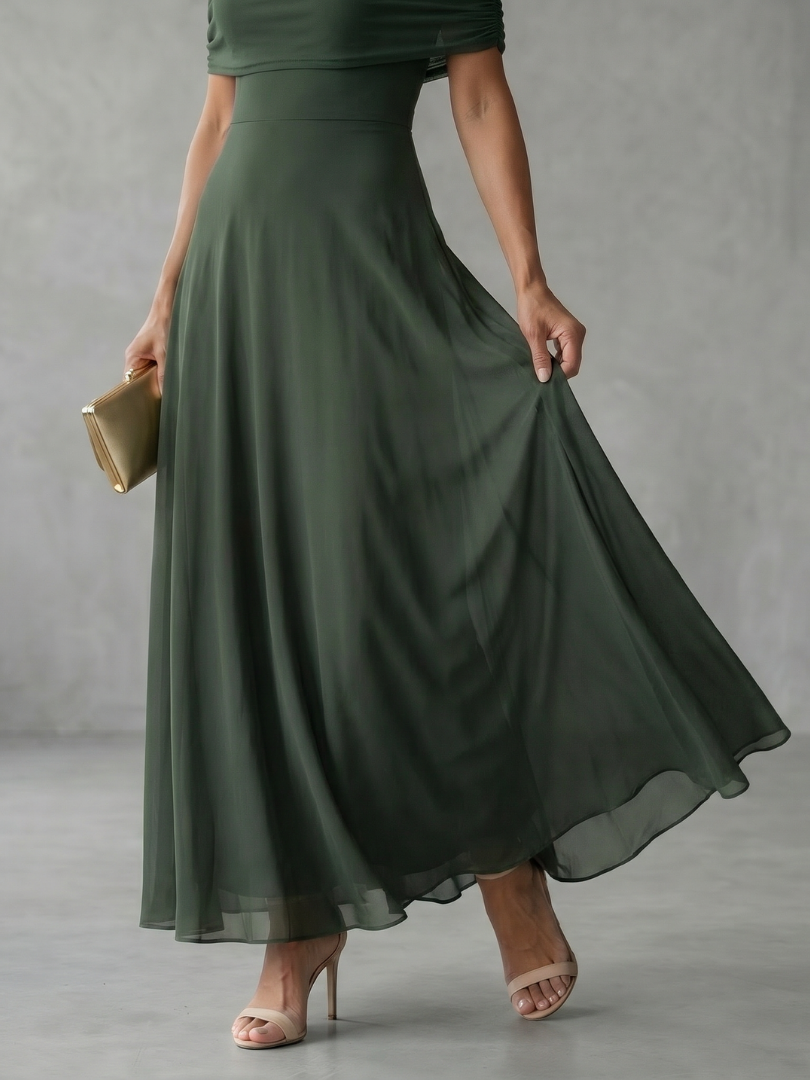 Lotte - Romantische Bruiloft Gast Jurk Dames met Off-Shoulder Hals en Sierlijke Maxi Rok