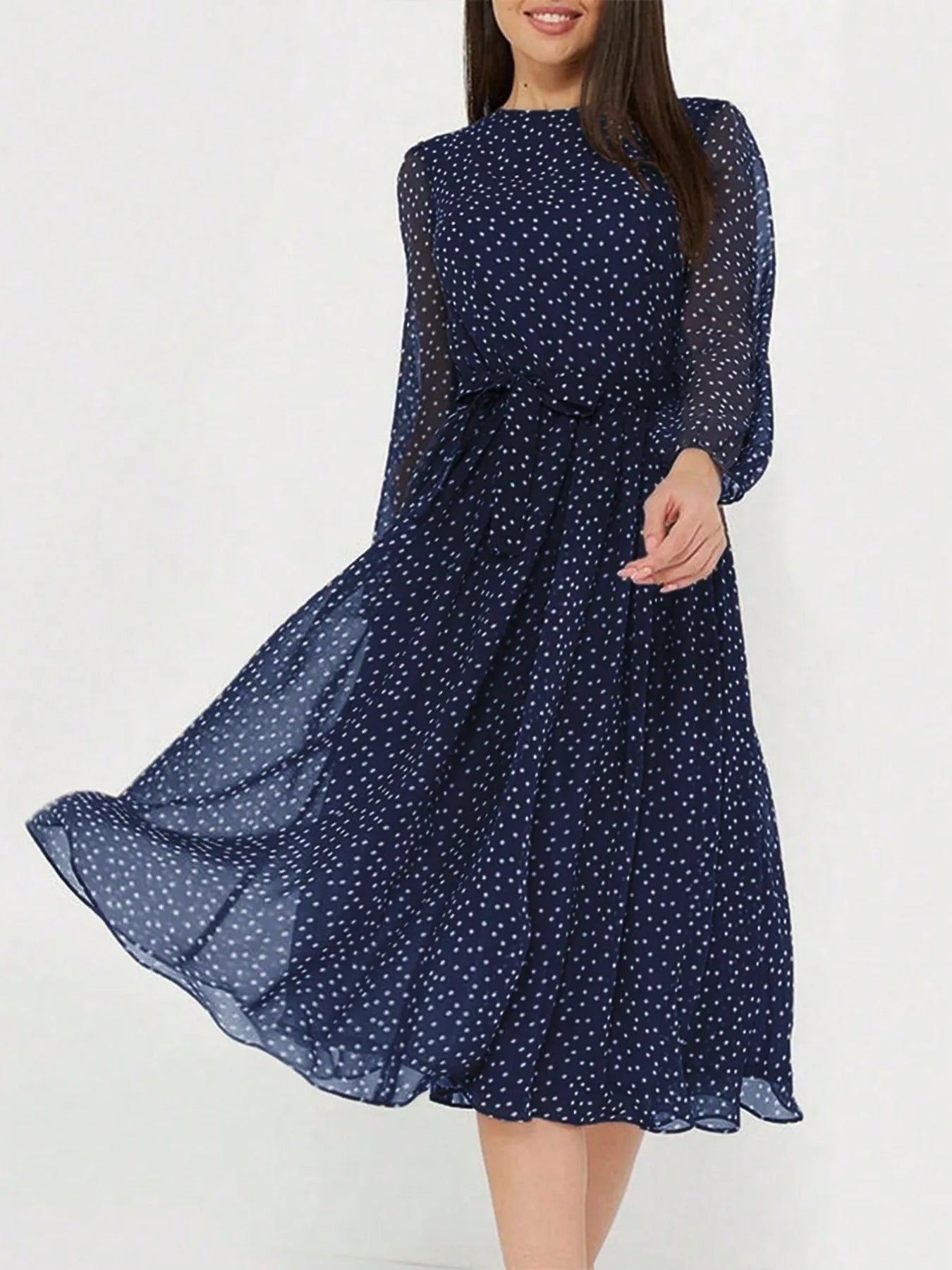 Lotte - Romantische Bruiloft Gastenjurk Dames met Hoge Hals en Stippenprint