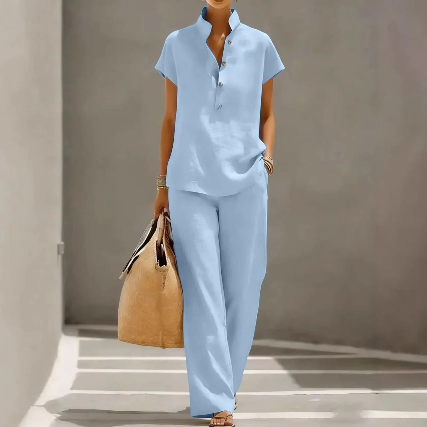 Lotte - Stijlvolle Linnen Co-Ord Set Dames met Korte Mouw Blouse en Wijde Broek
