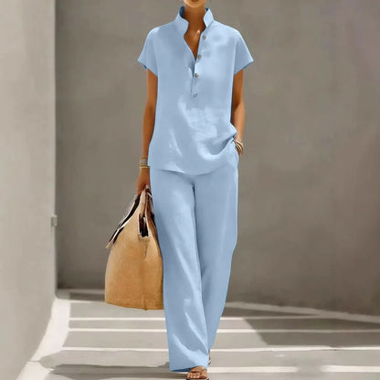 Lotte - Stijlvolle Linnen Co-Ord Set Dames met Korte Mouw Blouse en Wijde Broek