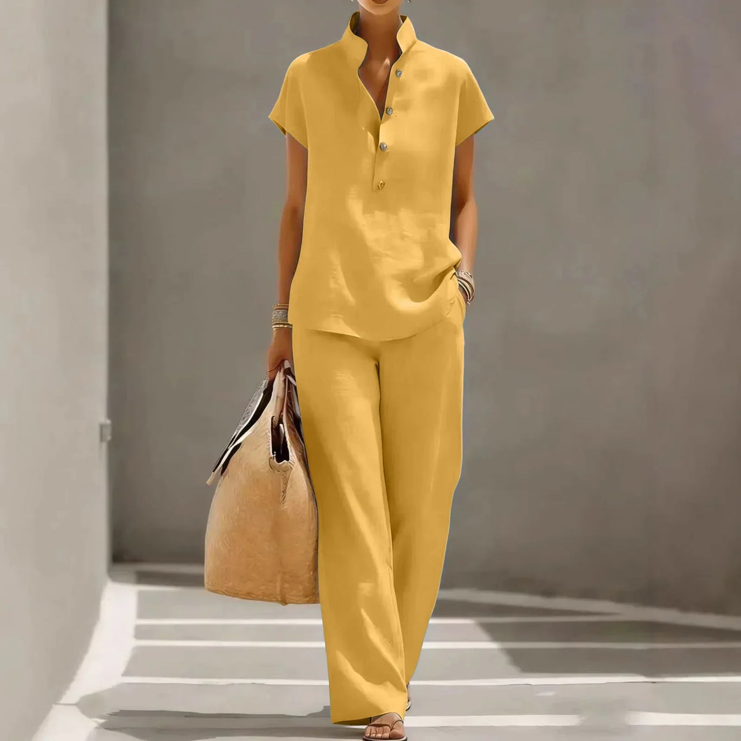 Lotte - Stijlvolle Linnen Co-Ord Set Dames met Korte Mouw Blouse en Wijde Broek